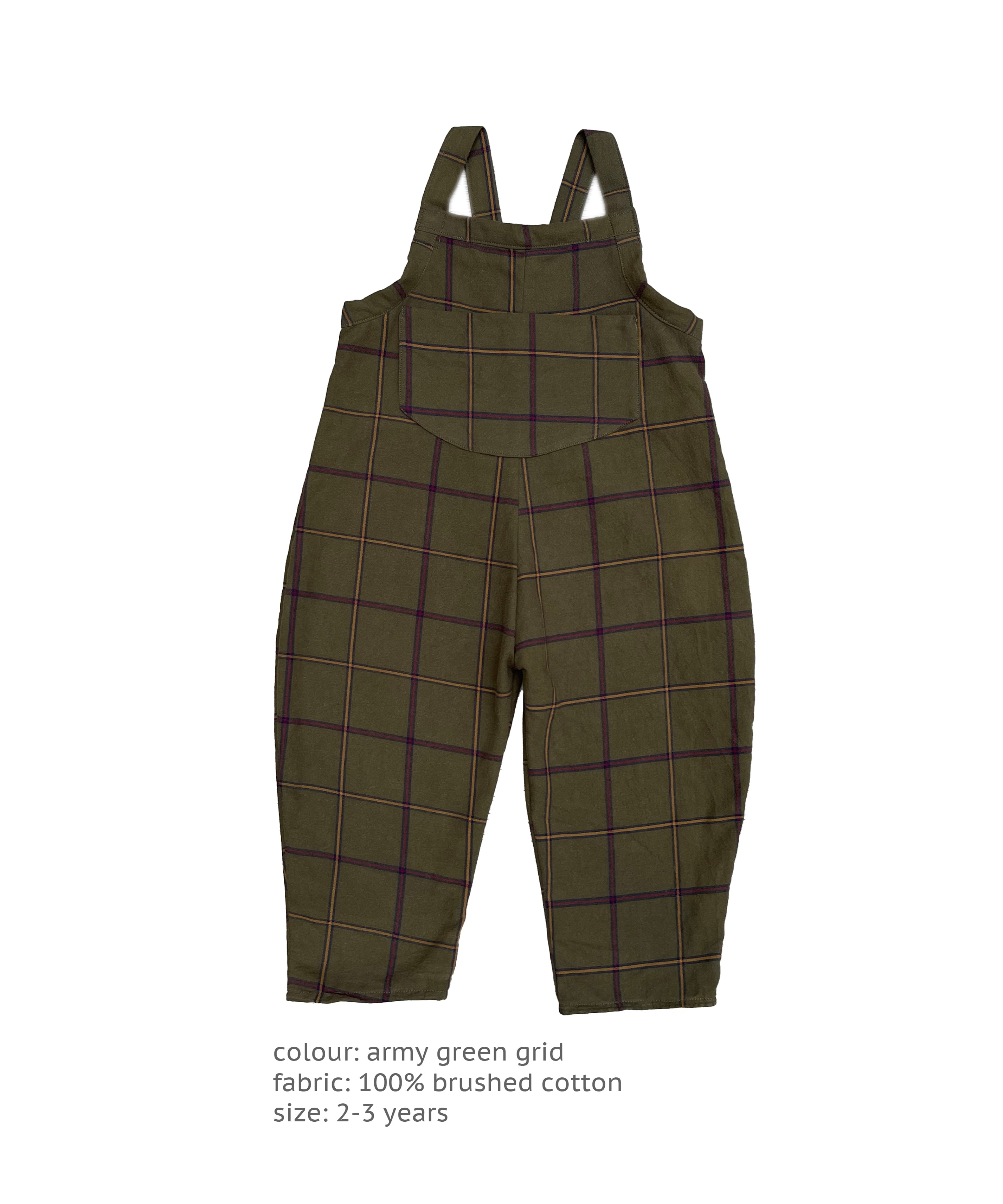 The Rockpool Dungarees - Army Green Grid 2-3 yrs