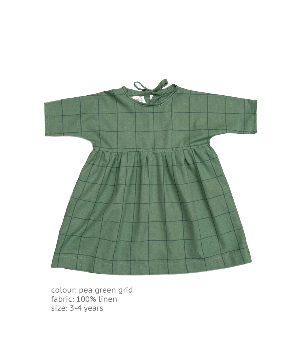 The Samphire Smock Dress - Pea Green Grid 3-4 yrs