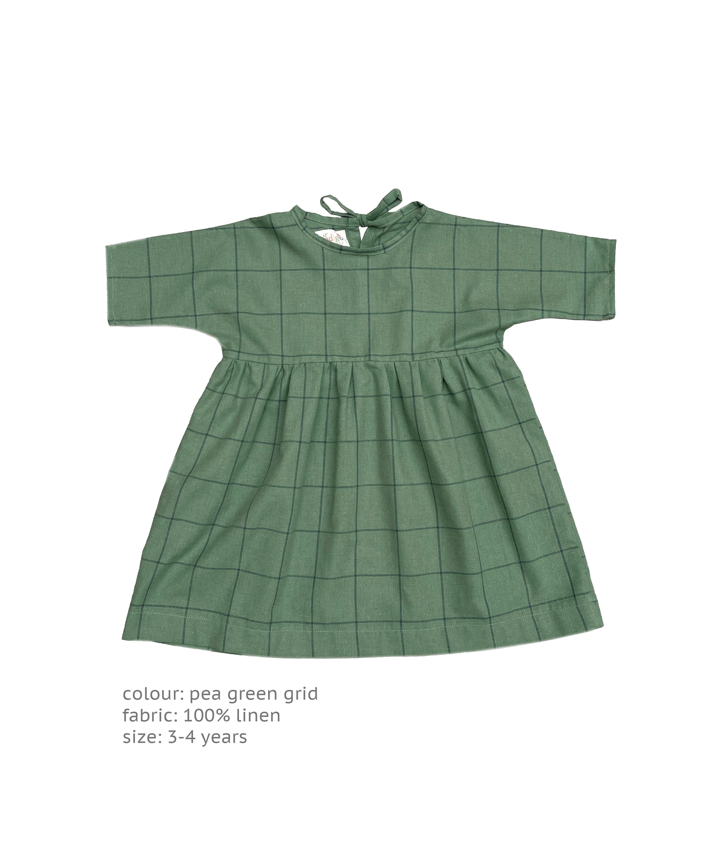 The Samphire Smock Dress - Pea Green Grid 3-4 yrs